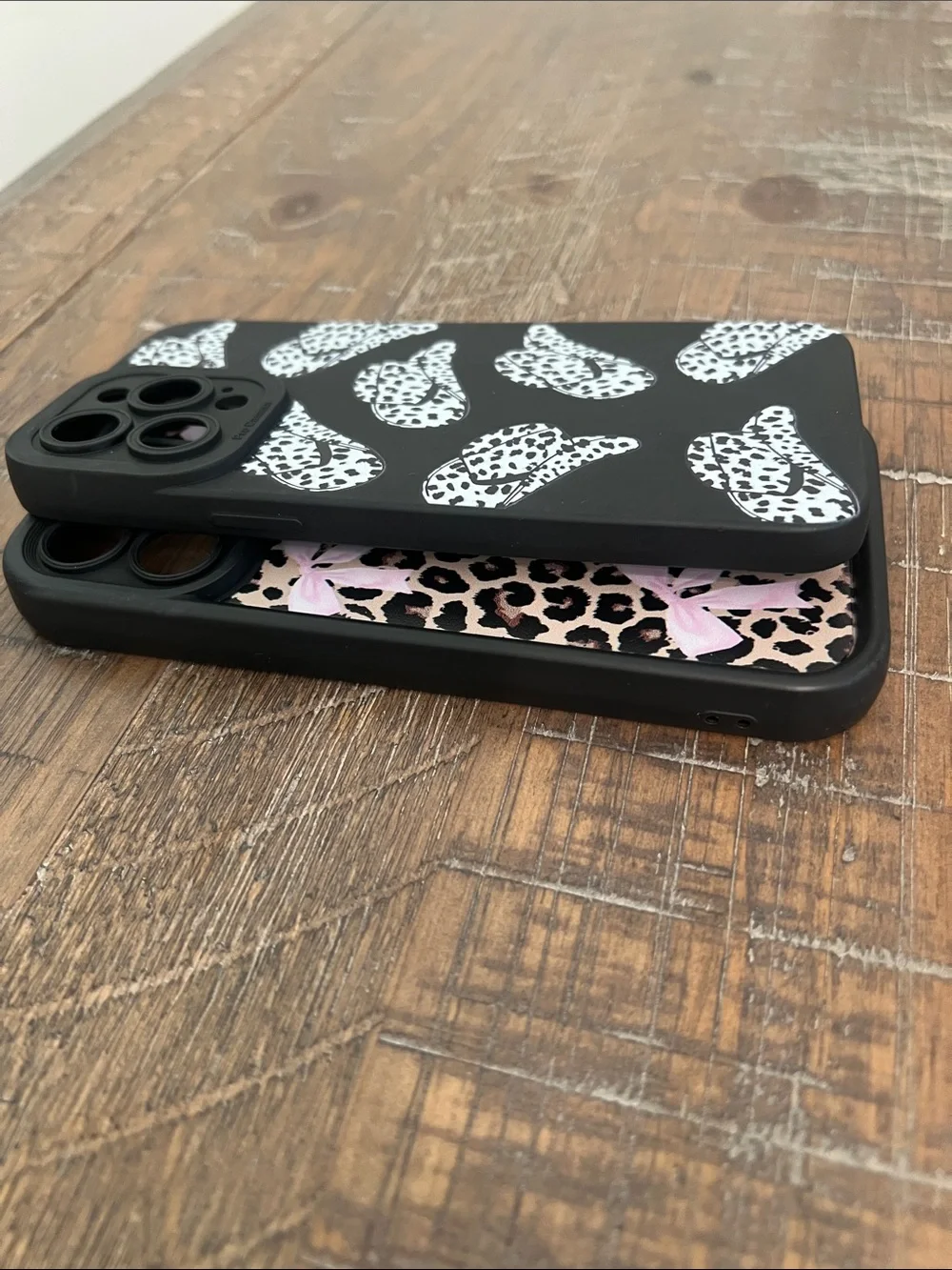 iPhone 14 Max Pro Leopard Print Phone Case Pink Bows - Black Trim & Cowboy hats